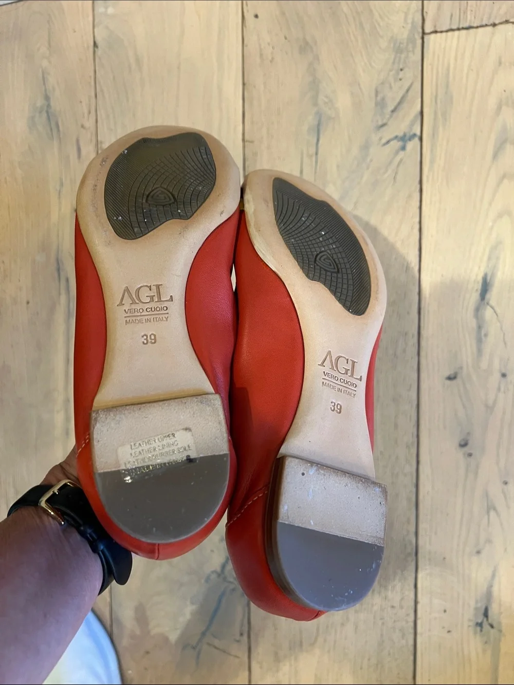 AGL Red Leather Flats with Purple Patent Toe and Yellow Strap